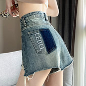 薄高腰辣妹A字破洞牛仔阔腿热裤 网红炸街短裤 女毛边小众设计夏装