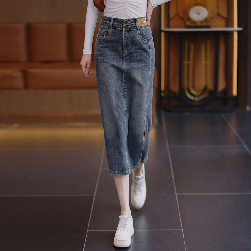 复古牛仔半身裙女春秋2026新款高腰中长款一步a字裙开叉包臀裙子,女装/女士精品,真丝上装,淘宝优惠券,粉丝福利购,淘宝优惠卷