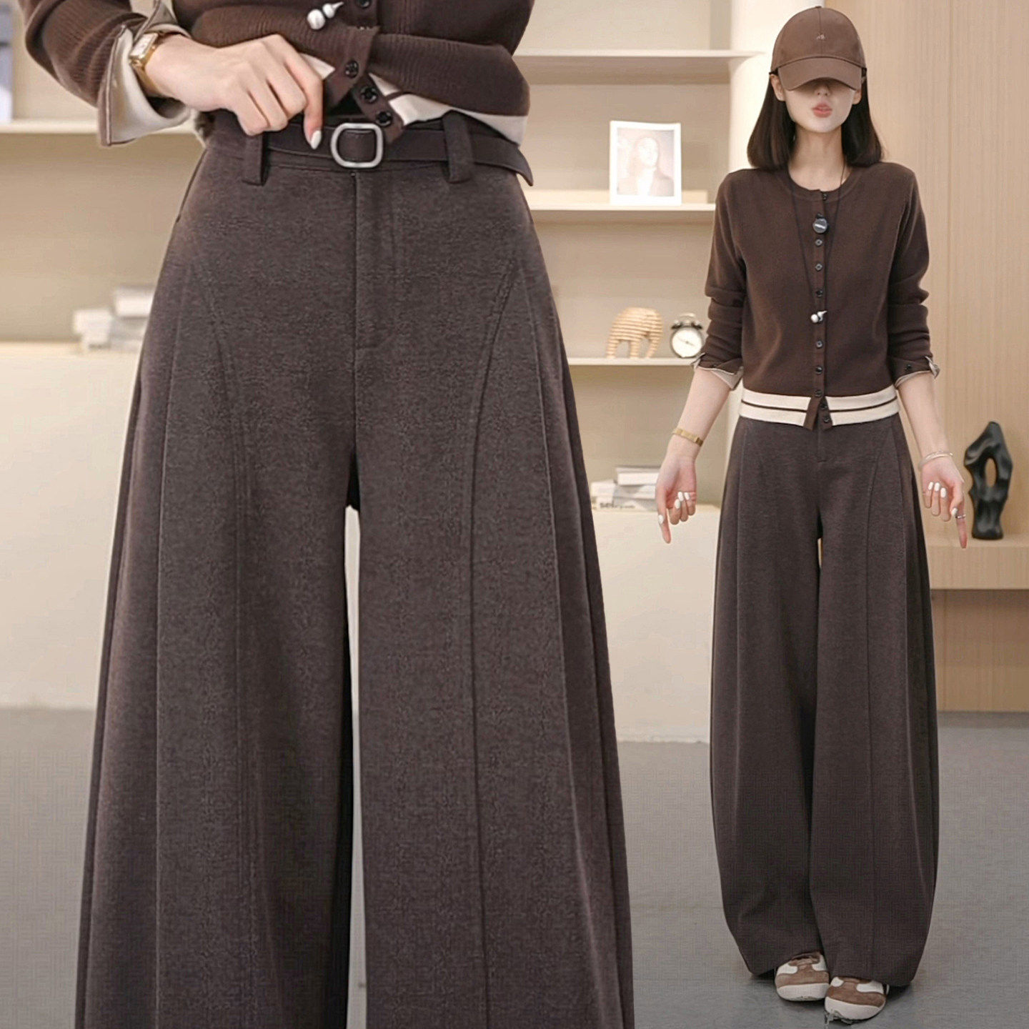 毛呢阔腿弯刀裤女秋冬季2026新款软糯垂感休闲裤子高腰宽松贝斯裤,女装/女士精品,大码裤装,淘宝优惠券,粉丝福利购,淘宝优惠卷