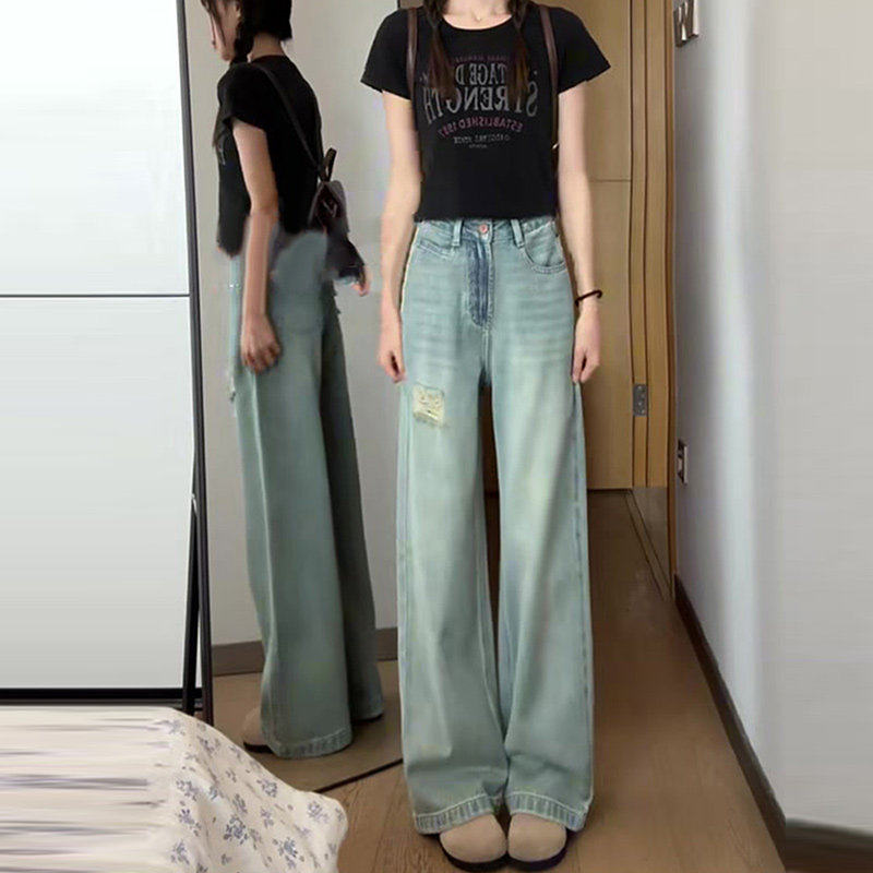 夏季破洞阔腿牛仔裤女夏高腰2026年新款小个子宽松显瘦垂感直筒裤,女装/女士精品,牛仔裤,淘宝优惠券,粉丝福利购,淘宝优惠卷