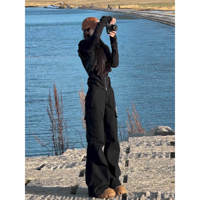 加绒黑色美式工装裤女款秋