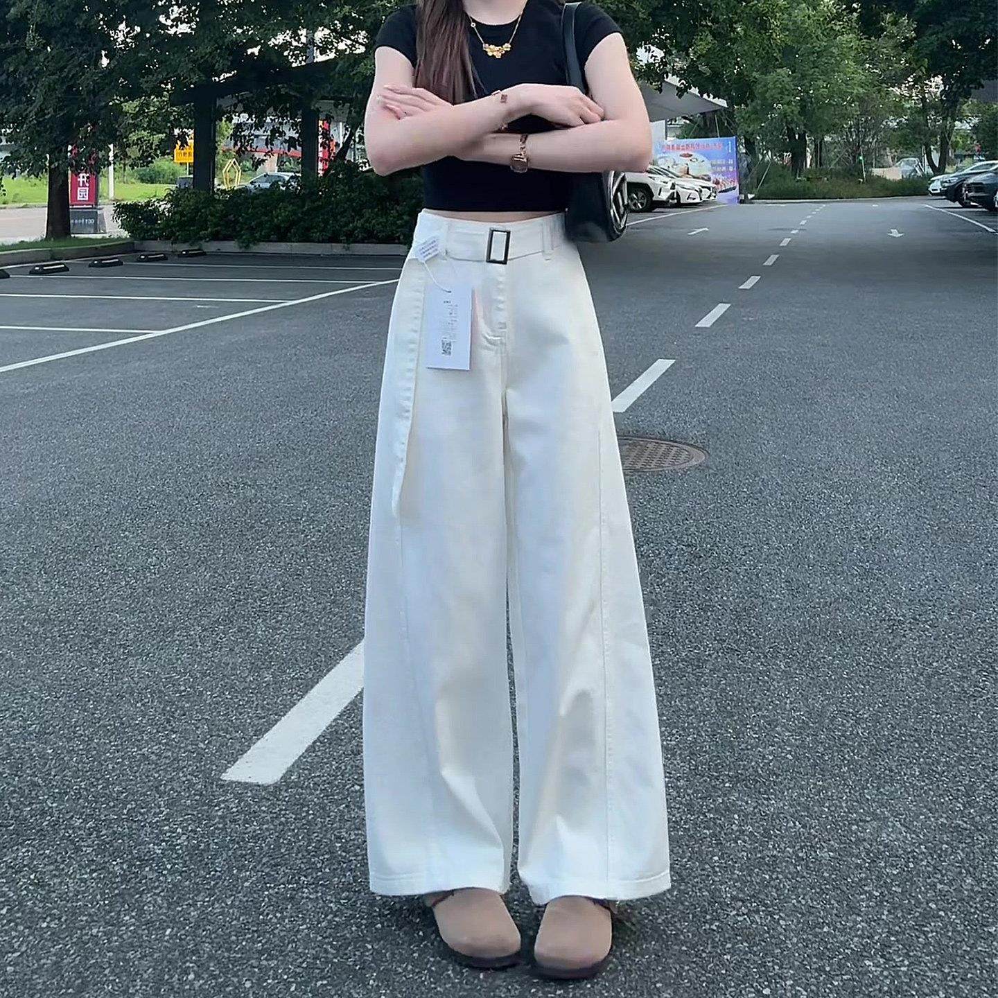 极简风白色阔腿牛仔裤女2026秋新款宽松休闲小个子高腰显瘦弯刀裤,女装/女士精品,牛仔裤,淘宝优惠券,粉丝福利购,淘宝优惠卷