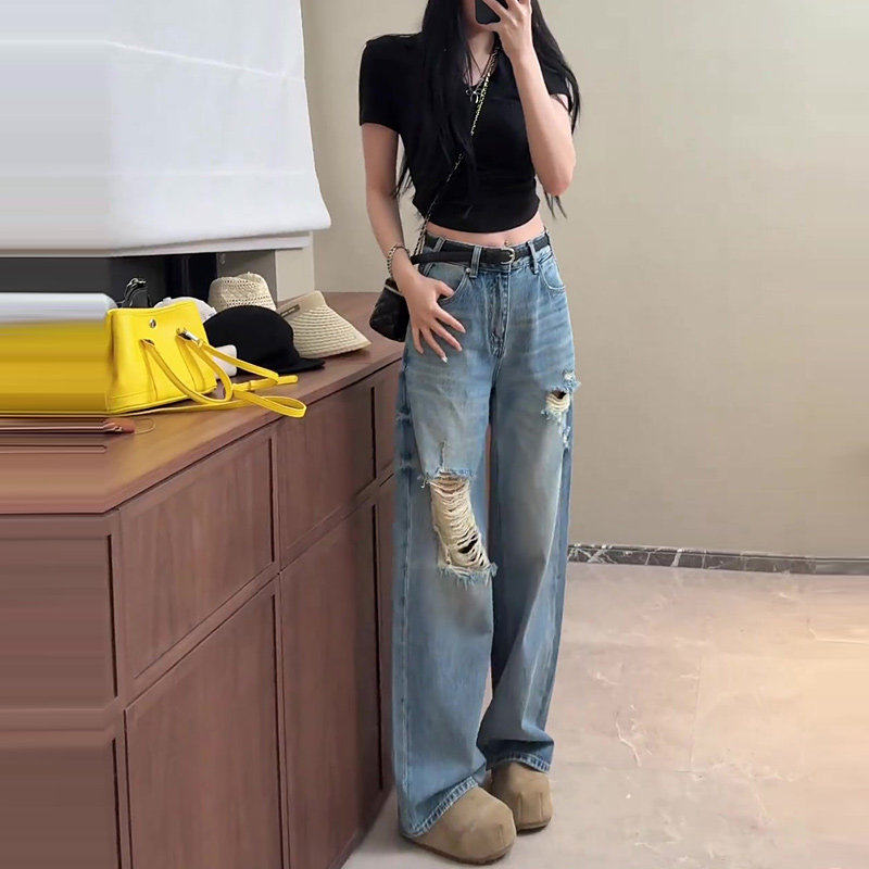 夏季薄款高腰复古蓝色破洞牛仔裤女夏2026新款裤子宽松垂感阔腿裤,女装/女士精品,牛仔裤,淘宝优惠券,粉丝福利购,淘宝优惠卷