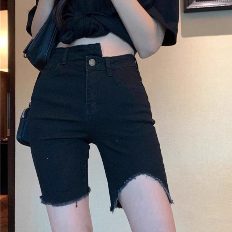黑色紧身牛仔短裤薄款夏季女不规则骑士裤中裤修身显瘦毛边五分裤,女装/女士精品,牛仔裤,淘宝优惠券,粉丝福利购,淘宝优惠卷