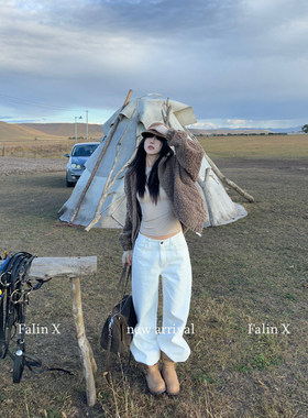 Falin X TR中低腰老钱牛仔裤女白色纯棉阔腿裤垂感休闲秋冬长裤子