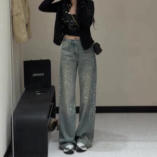 亮闪闪烫钻直筒牛仔裤女2026新款秋冬加绒小个子显瘦窄版阔腿裤子