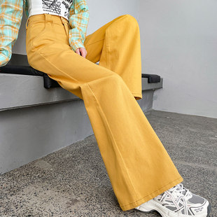 柠檬黄阔腿牛仔裤女秋季百搭高腰梨型身材显瘦工装裤子宽腿直筒裤