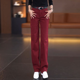 酒红色直筒裤女复古窄版裤子2026新款休闲女裤秋款纯棉水洗牛仔裤