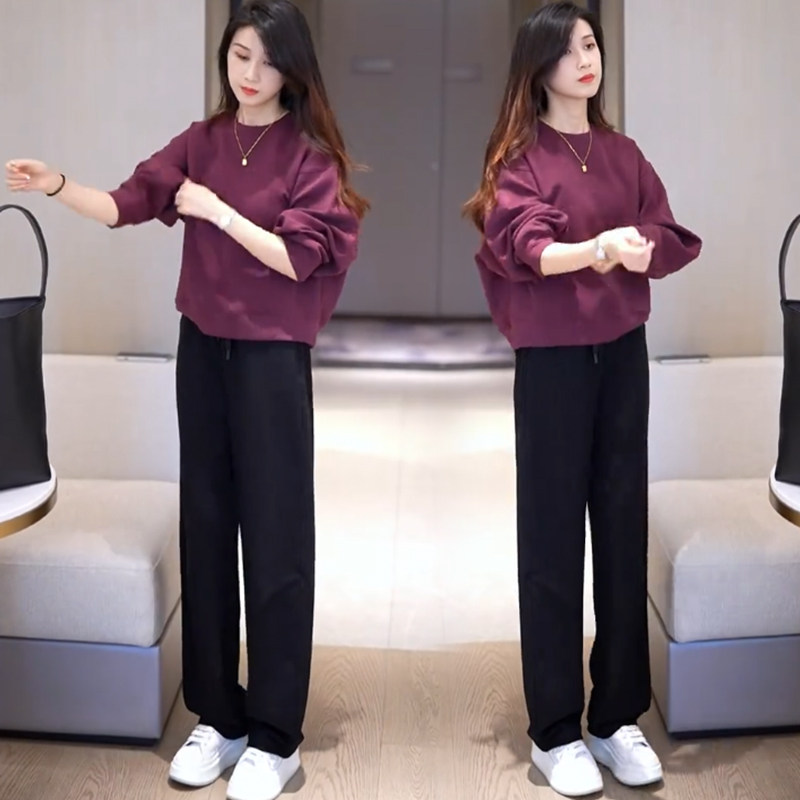 时尚休闲套装女2026春季新款宽松显瘦圆领厚棉T阔腿裤运动服两件