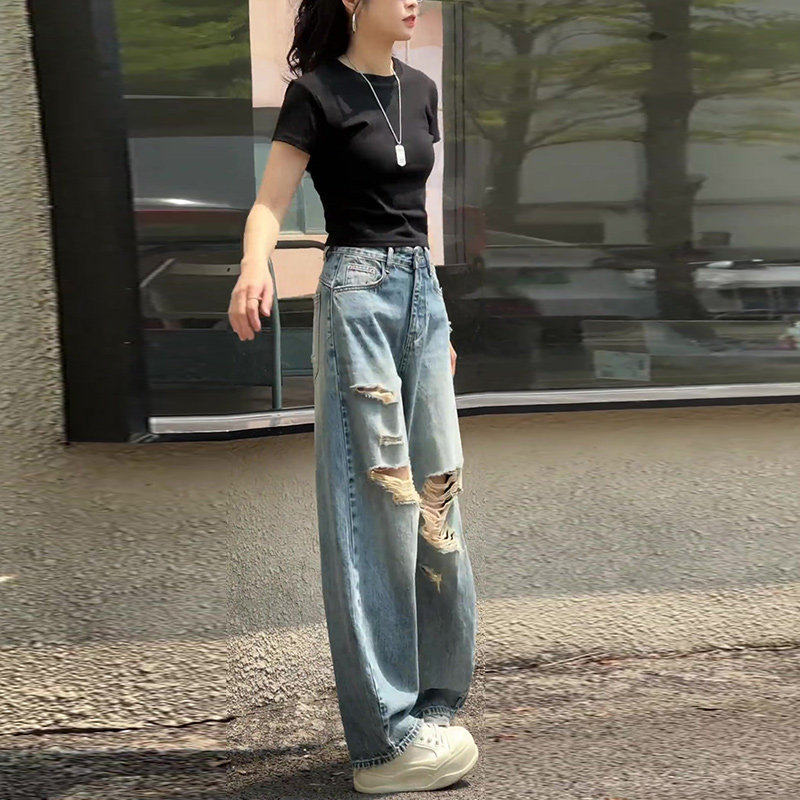 破洞牛仔裤女夏季薄款2026超火的裤子复古宽松显瘦垂感阔腿弯刀裤,女装/女士精品,牛仔裤,淘宝优惠券,粉丝福利购,淘宝优惠卷