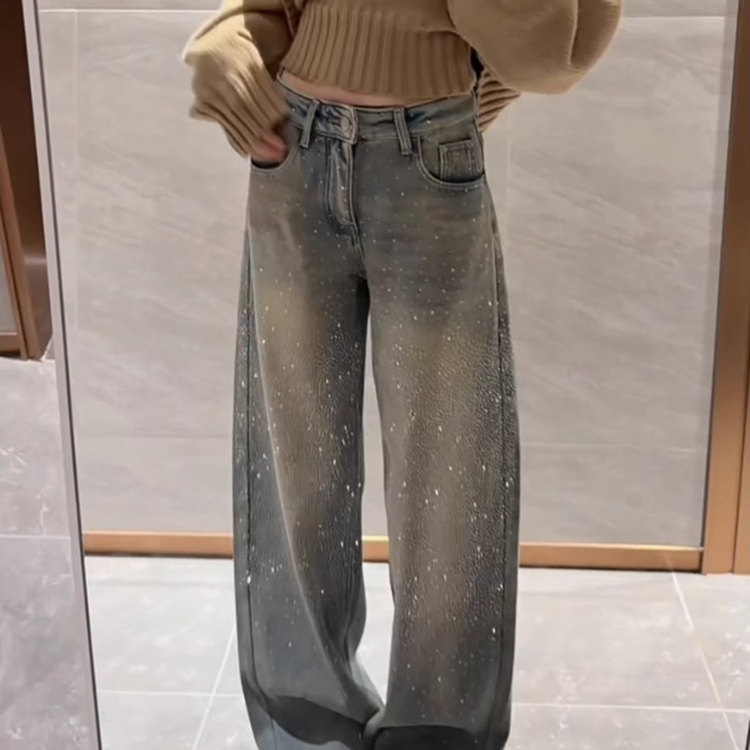 设计感烫钻加绒阔腿牛仔裤女2025冬季新款宽松显瘦高腰直筒拖地裤,女装/女士精品,牛仔裤,淘宝优惠券,粉丝福利购,淘宝优惠卷