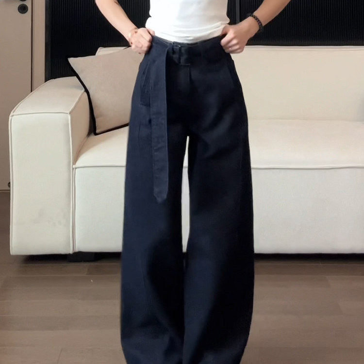 丹宁色腰带设计弯刀阔腿牛仔裤女2025秋季新款宽松显瘦垂感直筒裤,女装/女士精品,牛仔裤,淘宝优惠券,粉丝福利购,淘宝优惠卷