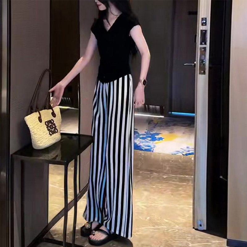 条纹冰丝阔腿裤女款夏季2026小个子新款高腰垂感休闲直筒凉凉裤子,女装/女士精品,休闲裤,淘宝优惠券,粉丝福利购,淘宝优惠卷
