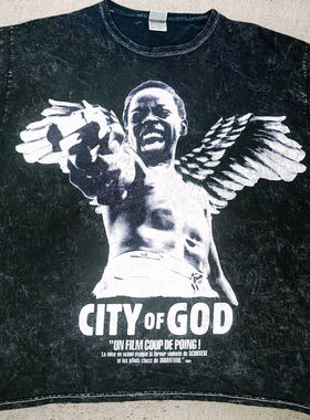 City of God 上帝之城漂白印花 重磅水洗美式复古休闲落肩短袖T恤