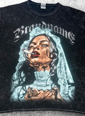 美版 哥特朋克暗黑人物印花 重磅水洗做旧 美式复古落肩短袖T恤潮