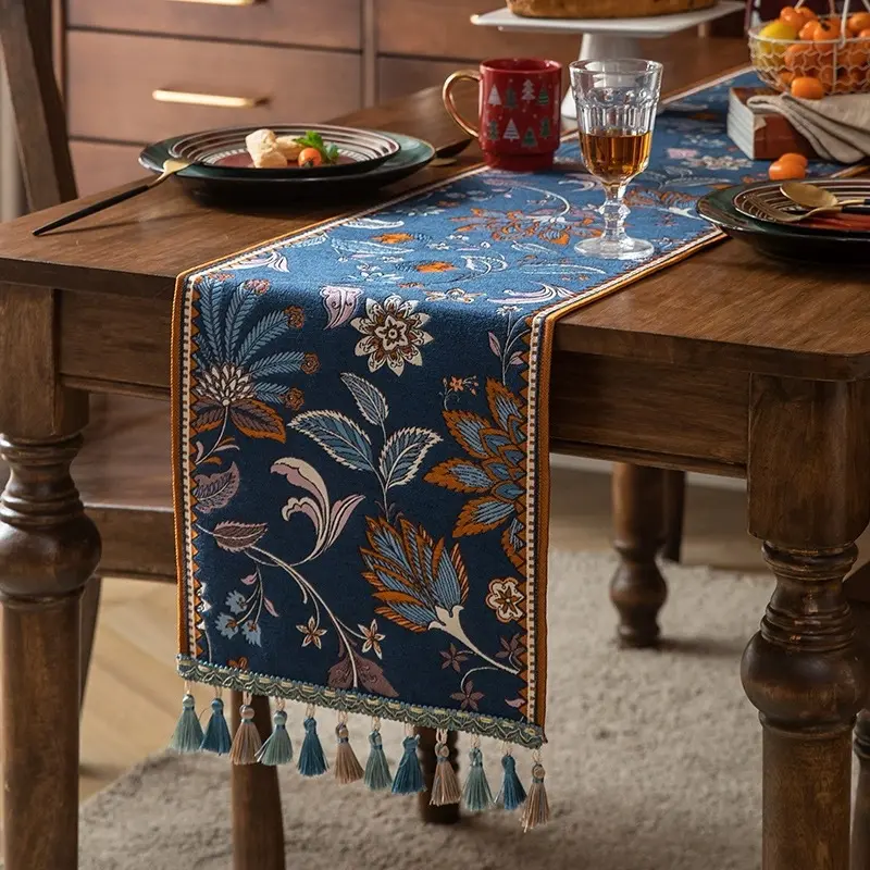 美式复古布艺桌旗色织提花餐桌布长条桌布茶几斗柜高级感装饰条