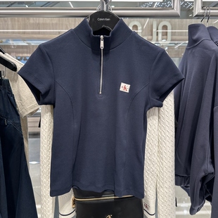 CK Jeans专柜正品新款女士经典绣标罗纹修身半拉链短袖T恤47G240G
