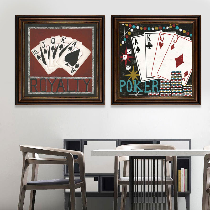 棋牌室德州扑克纸牌装饰画麻将馆赌场娱乐会所壁画桌球室复古框画