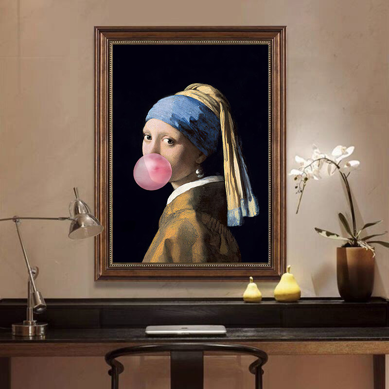 世界名画装饰画戴珍珠耳环的少女挂画客厅玄关恶搞法式餐厅壁画