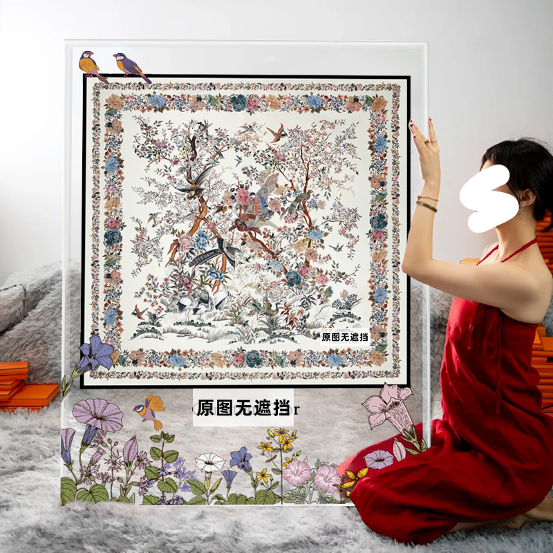 别墅高级亚克力框装饰画客厅中古风花鸟丝巾装裱挂画潮流家居摆画图片