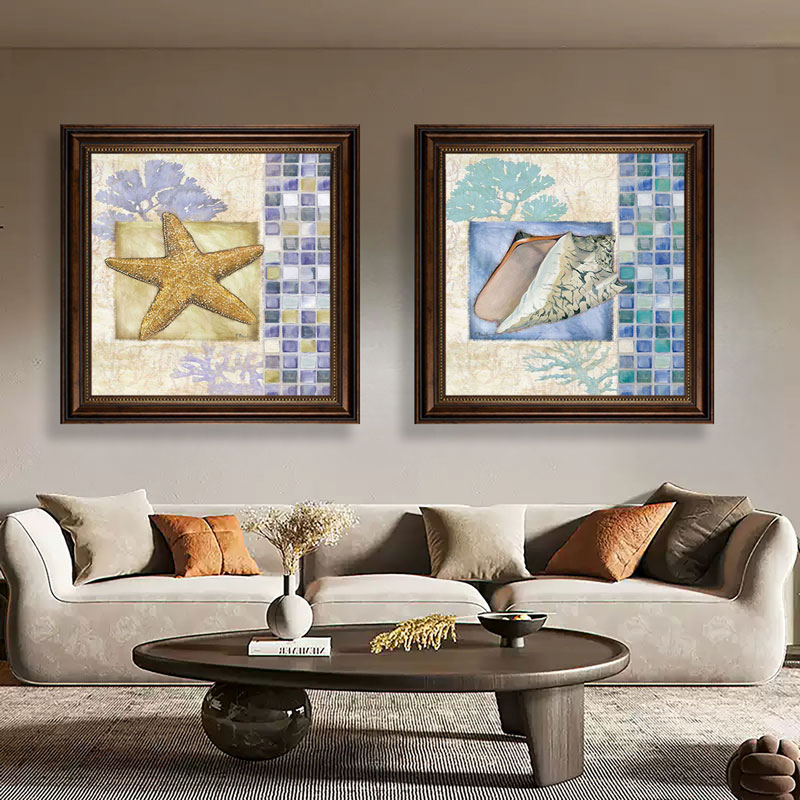 客厅海洋生物复古框装饰画儿童房卧室壁画咖啡店海螺海星贝壳壁画