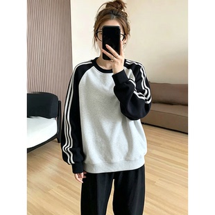 三条杠插肩圆领卫衣女秋季宽松大码设计感撞色拼接套头衫长袖上衣