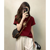 正肩短袖 t恤女2026夏季 新款 酒红色爆款 马年圆领大码 遮肉显瘦上衣