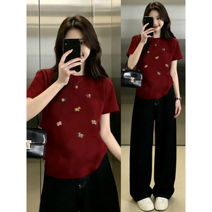 高级感正肩短袖T恤女夏大码胖MM遮肚显瘦洋气本命年小马新年上衣