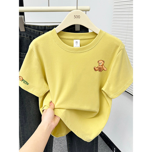 韩系ins卡通小熊印花设计感正肩短袖t恤女装大码新款休闲百搭上衣