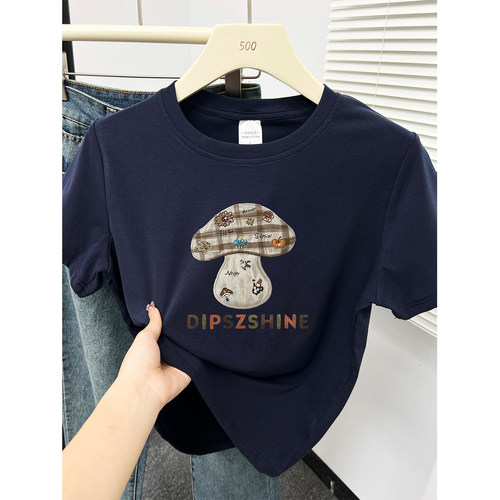 藏蓝色新款爆款蘑菇字母印花大码正肩短袖T恤女圆领遮肉百搭上衣