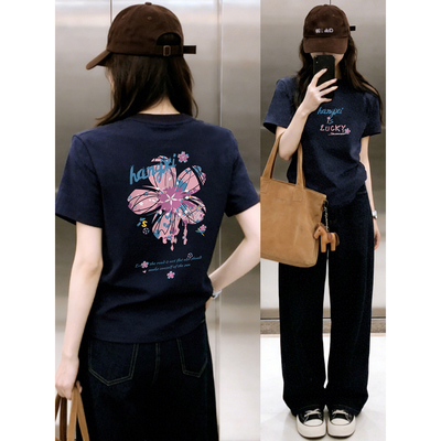 胖MM正肩短袖T恤女2026夏季新款花朵印花遮肉圆领显瘦大码女装潮