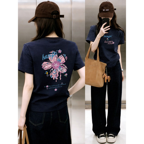胖MM正肩短袖T恤女2026夏季新款花朵印花遮肉圆领显瘦大码女装潮