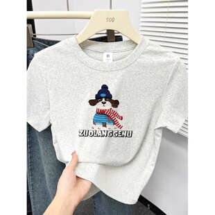 上衣 洋气圆领遮肚子显瘦大码 小狗印花正肩短袖 t恤女胖mm穿搭韩版