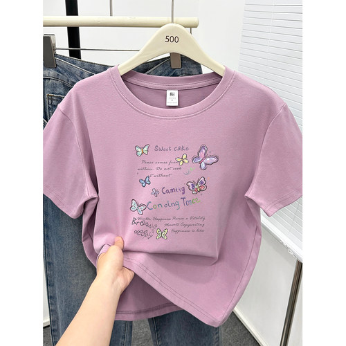 香芋紫蝴蝶字母印花短袖T恤女夏大码基础款圆领正肩休闲半袖上衣
