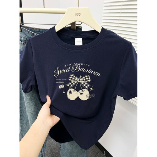 韩系甜美chic樱桃蝴蝶结正肩短袖T恤女装大码胖mm新款百搭圆领上