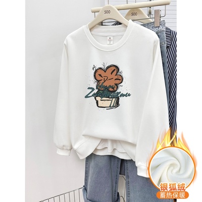 加绒加厚正肩无帽卫衣女冬季新款韩版设计感宽松大码套头圆领上衣