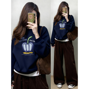 胖mm显瘦宽松加绒上衣潮 韩系印花圆领正肩卫衣女秋冬新款 大码 女装
