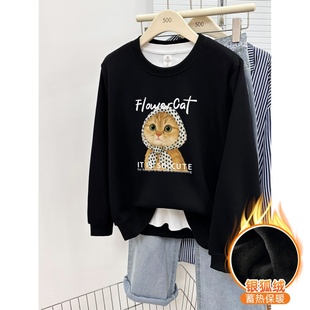 黑色猫咪印花正肩套头卫衣女冬季 圆领上衣潮 加绒加厚胖MM宽松大码