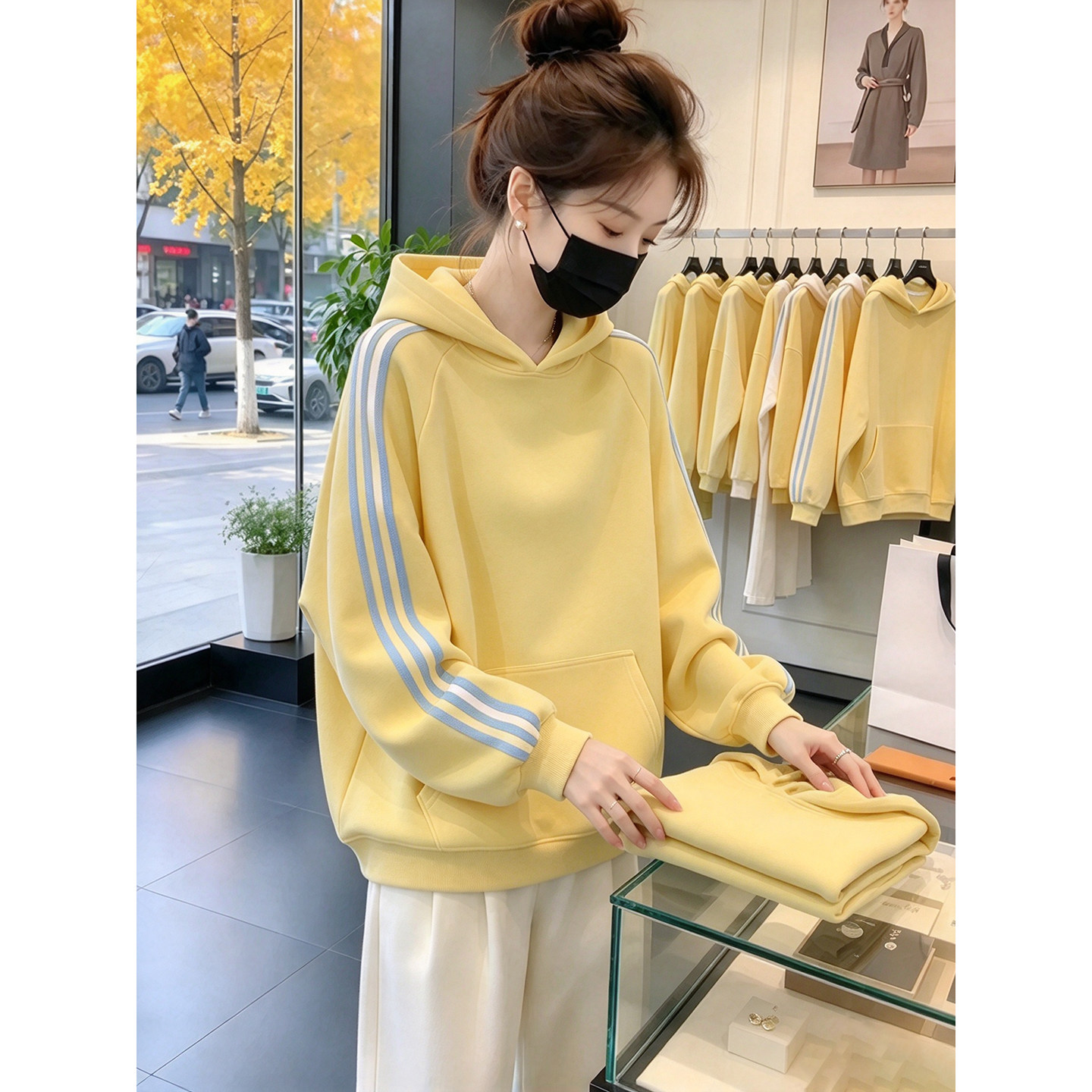休闲套头连帽卫衣秋季宽松慵懒风三条杠拼接女装休闲帽衫长袖上衣