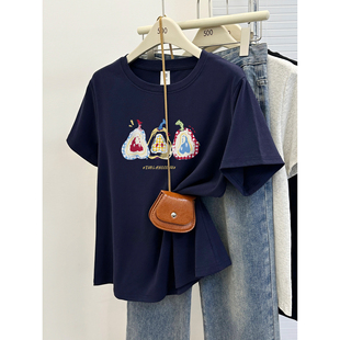 200斤胖mm特大码 圆领正肩T恤女趣味印花200斤加大遮肚子显瘦上衣