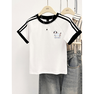 三条杠条纹正肩短袖t恤女夏季设计感辣妹修身显瘦白色体恤上衣夏