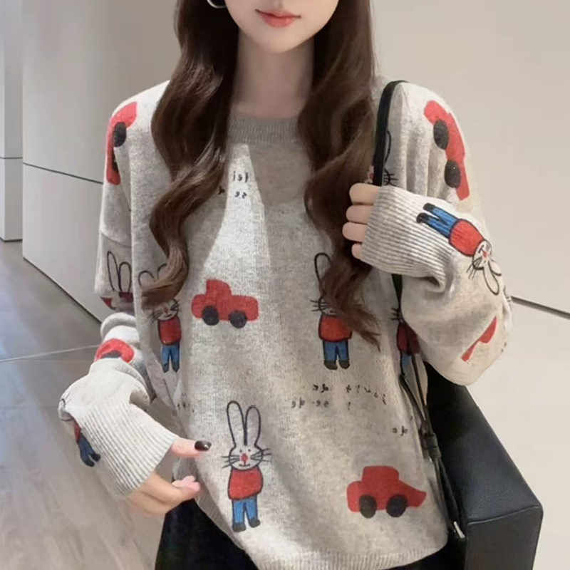 韩版慵懒风兔子卡通毛衣女秋冬季宽松大码时尚圆领长袖针织衫上衣