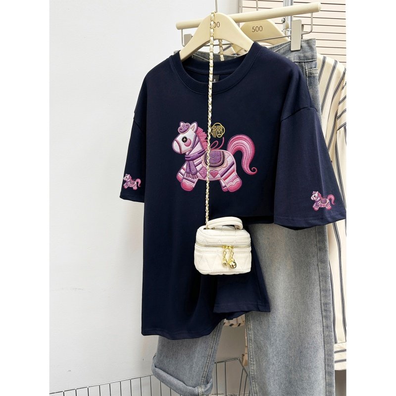 卡通马印花酒红色纯棉短袖t恤女装大码2026新款宽松时尚百搭上衣