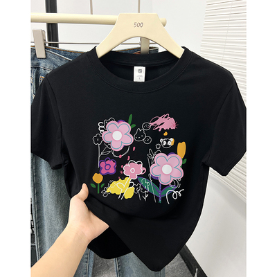 小众花朵减龄印花圆领短袖t恤女夏季韩版时尚设计感正肩显瘦上衣