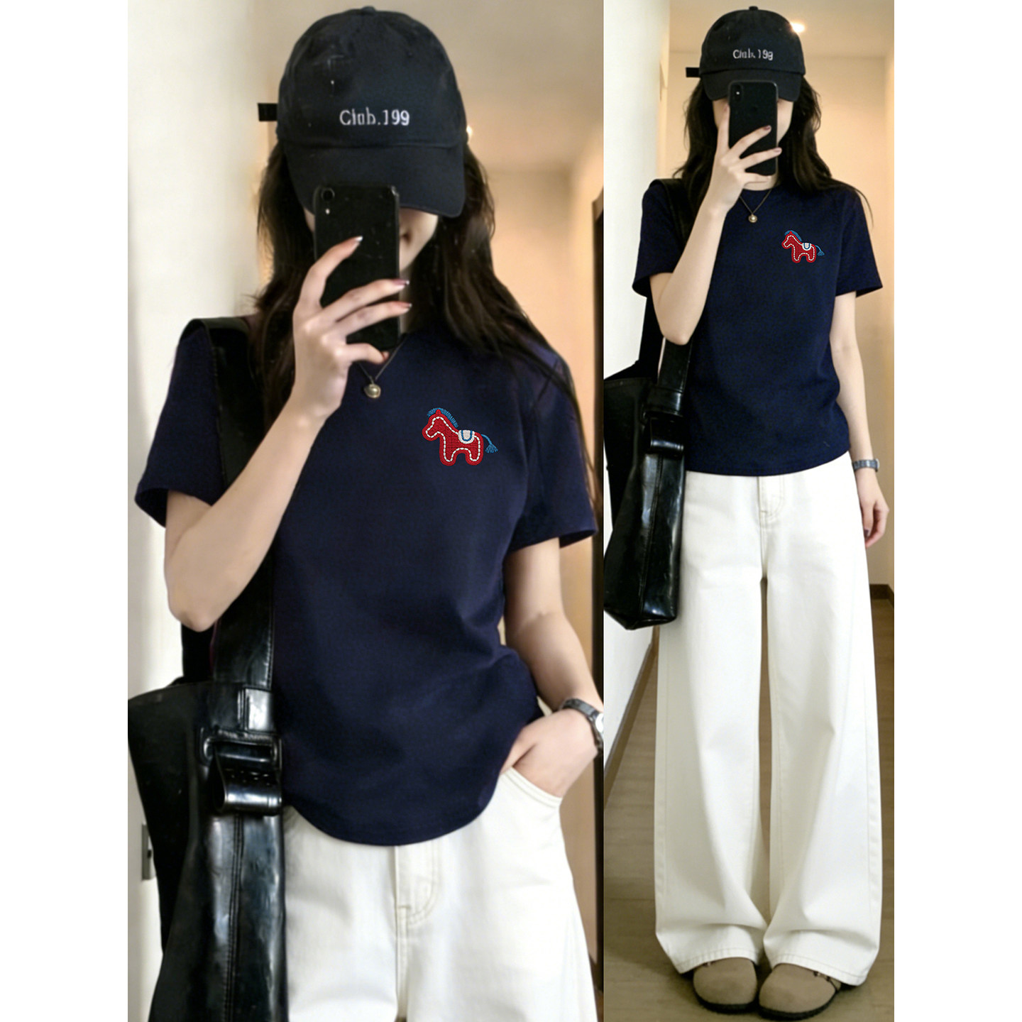 藏蓝色大码正肩短袖t恤女2026夏新款胖mm小马印花本命年圆领上衣图片