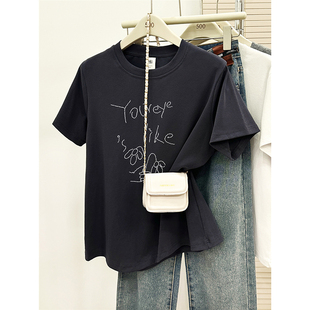 小众字母印花胖mm显瘦大码 韩版 300斤上衣 T恤女夏季 200斤正肩短袖
