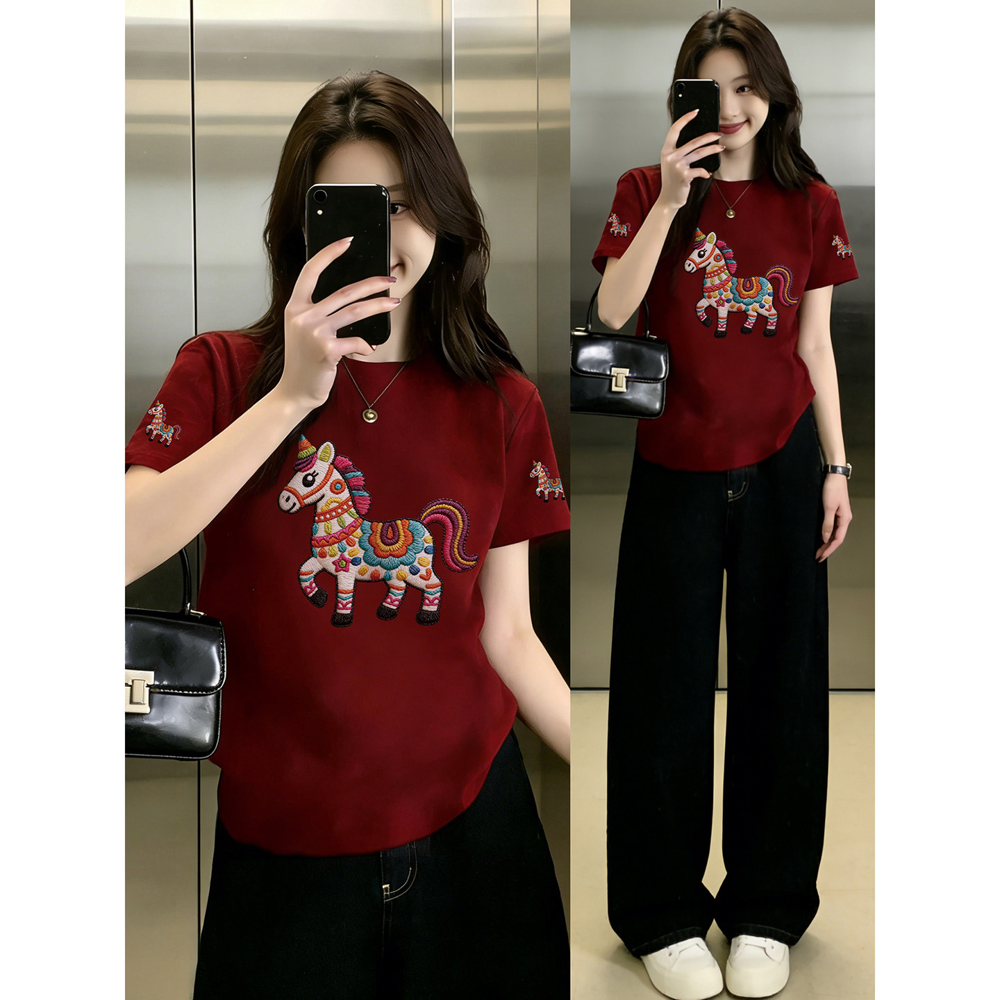 正肩短袖T恤女夏季2026新款大码新年本命年小马显瘦胖mm休闲上衣,女装/女士精品,T恤,淘宝优惠券,粉丝福利购,淘宝优惠卷