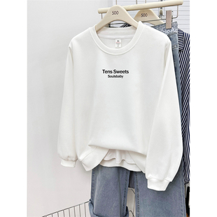 白色简约字母印花圆领正肩卫衣女2025秋冬款 慵懒风上衣潮 宽松大码