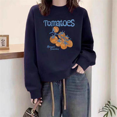 圆领2025秋冬慵懒风番茄印花加绒韩式正肩卫衣女宽松大码加厚上衣