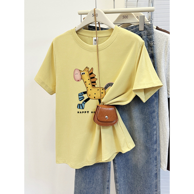 2026新款卡通印花正肩短袖t恤女遮肉胖MM大码百搭圆领半袖上衣潮
